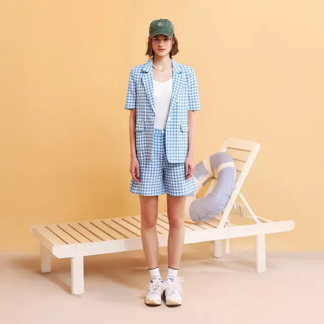 【OUWEY 歐薇】夏日清爽格紋泡泡布五分短褲(藍；S-L；3252326148)