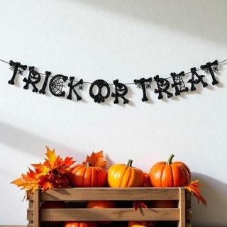 【六分埔禮品】1.8公尺黑骷顱不給糖就搗蛋英文黑金蔥紙拉旗Trick or trick(萬聖節佈置拉旗字母掛旗裝飾)