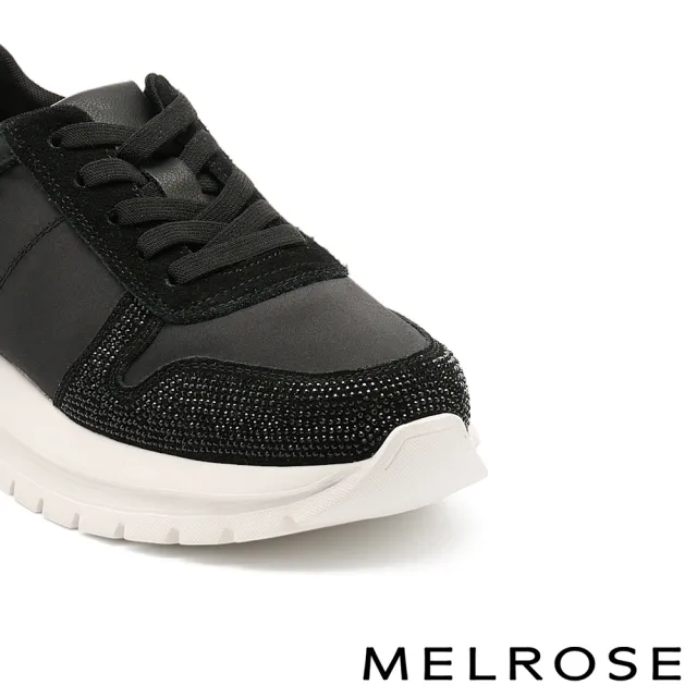 【MELROSE】美樂斯 精緻率性晶鑽彈性鞋帶異材質厚底休閒鞋(黑)