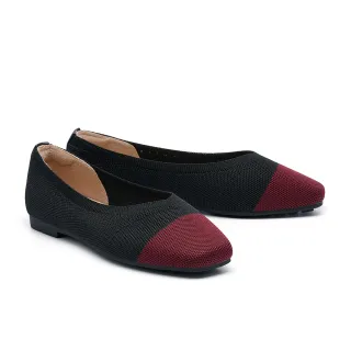 【MELROSE】美樂斯 百搭撞色拼接飛織布方頭娃娃平底鞋(紅)