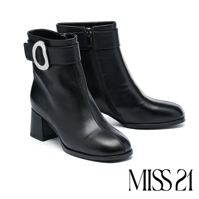 【MISS 21】復古時髦扭曲大釦牛皮方頭高跟短靴(黑)