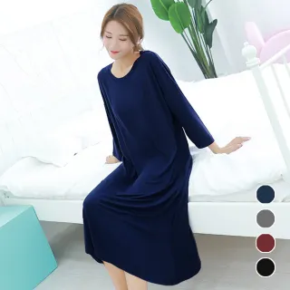 【AnZa】圓領長袖莫代爾寬鬆連身裙睡衣居家服