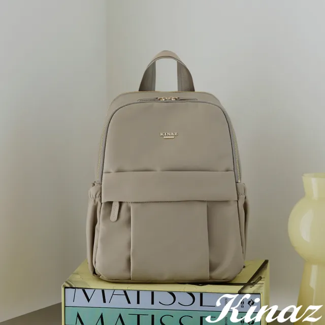 【KINAZ】雙層輕量防潑水尼龍拉桿插袋牛皮手提後背包-晨露灰綠-柔光旅伴系列