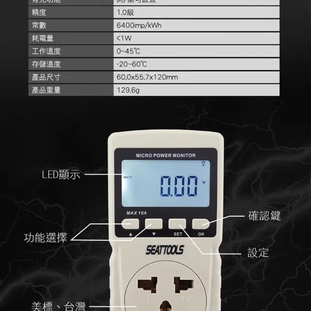 【工具達人】電器功率監控儀 電源監測器 家庭用電 耗電統計 用電量紀錄 電器使用時間 電器功率計(190-MPM)