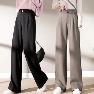 【NEW FORCE】加厚毛呢寬鬆顯瘦女休閒長褲(保暖長褲/休閒褲/直筒褲/寬褲/女下著)