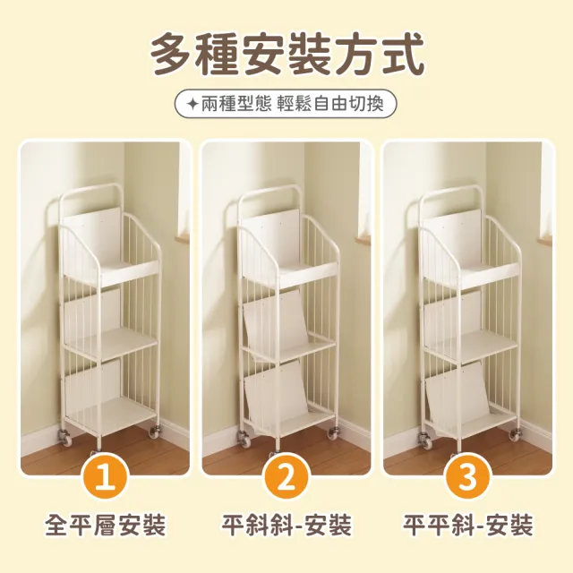 【慢慢家居】升級層板-奶油風帶把手可移動鐵藝窄型三層書架(文件推車 兒童書架 移動書櫃)