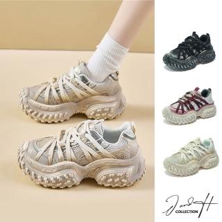 【J&H collection】韓版街頭休閒網布透氣老爹鞋 慢跑鞋 運動鞋(黑色／紅色／卡其色)
