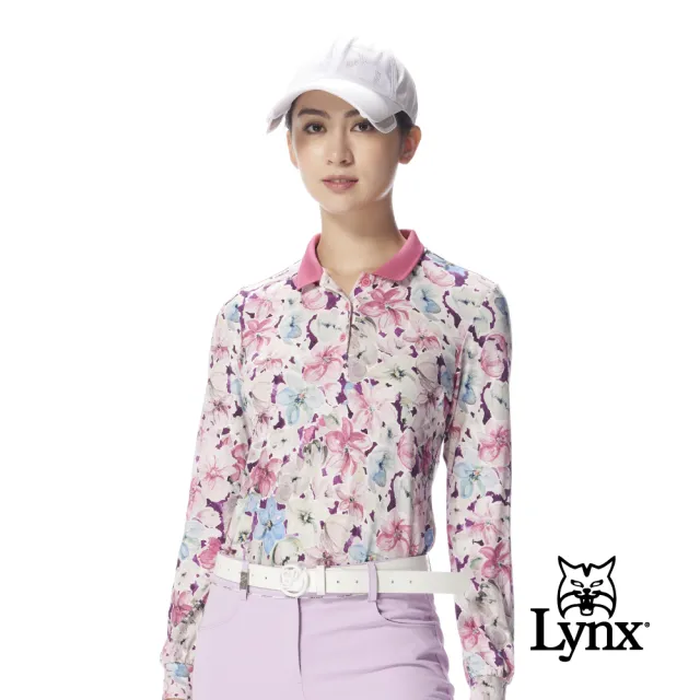 【Lynx Golf】女款合身版歐洲進口布料水墨畫花紋滿版印花POLO衫/高爾夫球衫(桃紅色)