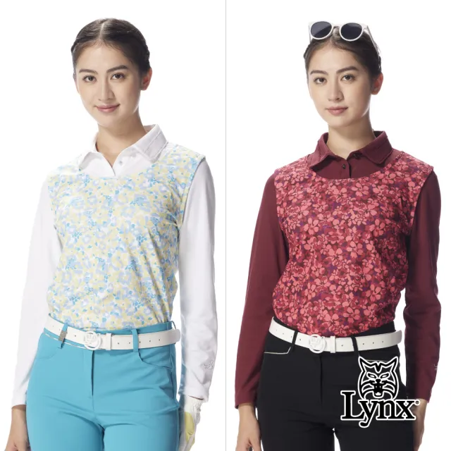 【Lynx Golf】女款假兩件式吸濕排汗彈性素面袖花卉印花長袖高爾夫球衫(二色)