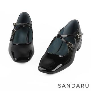 【SANDARU 山打努】瑪莉珍 雙交叉細帶漆皮低跟包鞋(黑)