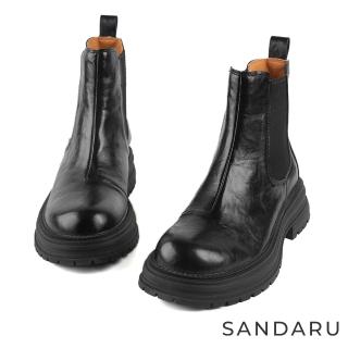 【SANDARU 山打努】短靴 真皮拼接彈布厚底切爾西靴 靴子 馬靴(黑)