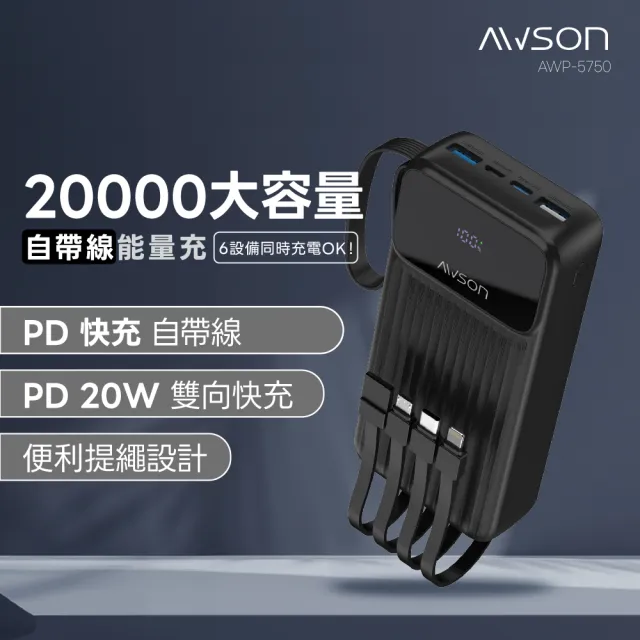 【AWSON 歐森】WH標示 20000mAh 2W微儲能自帶線(AWP-5750 蘋果/Type-C/MicroUSB/USB-A輸入)