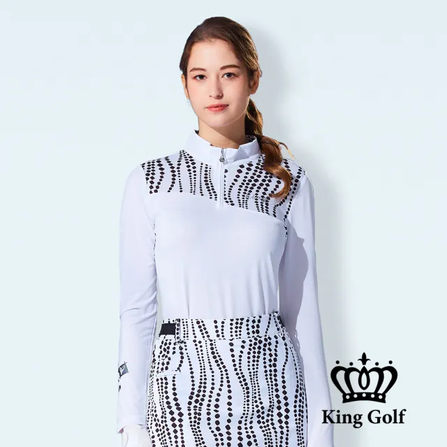 【KING GOLF】速達-網路獨家單特-女款波浪點點印花立領拉鍊長袖POLO衫/高爾夫球衫(白色)