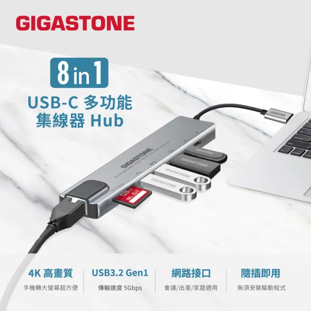 【Gigastone 立達國際】8合1 USB-C多功能集線器 HUB-P870 2入組(iPad手機投影/網路接口/Mac轉USB讀卡機)