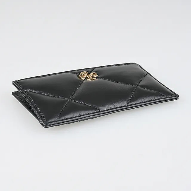 【TORY BURCH】TORY BURCH Kira立體古金字LOGO小牛皮菱格紋4卡拉鍊卡夾零錢包(黑)