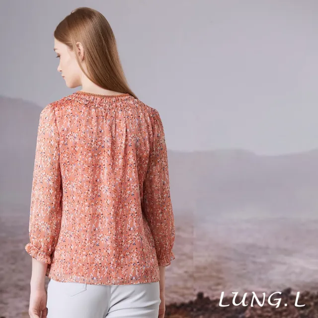 【LUNG.L 林佳樺】LT33A 橘色小碎花領綁結雪紡七分袖女裝上衣(秋冬新品)