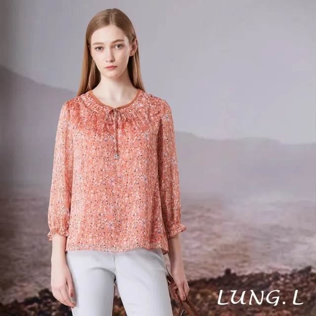 【LUNG.L 林佳樺】LT33A 橘色小碎花領綁結雪紡七分袖女裝上衣(秋冬新品)