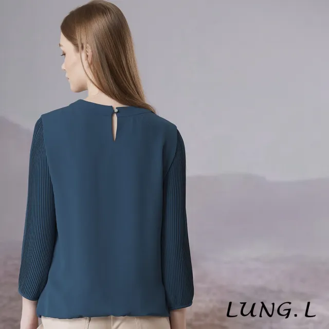 【LUNG.L 林佳樺】LT13A 藍色假領巾袖壓褶雪紡七分袖女裝上衣(秋冬新品)