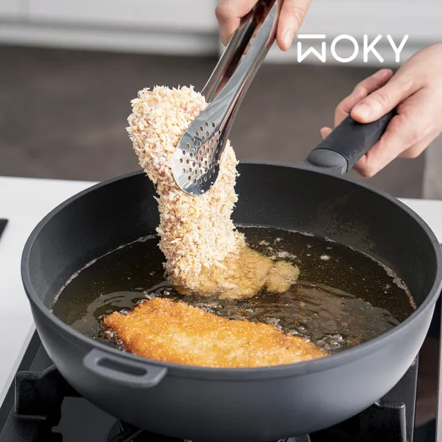 【WOKY 沃廚】恰恰鍋 平底深煎鍋26cm-全配(含鍋蓋+集水鍋架+鍋刷；台灣製無塗層不沾鍋)