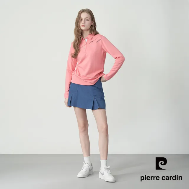 【pierre cardin 皮爾卡登】網路獨家 女款 吸濕排汗印花襯衫領長袖POLO衫-珊瑚粉色(8255292-72)