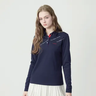 【pierre cardin 皮爾卡登】網路獨家 女款 吸濕排汗印花襯衫領長袖POLO衫-丈青色(8255292-39)