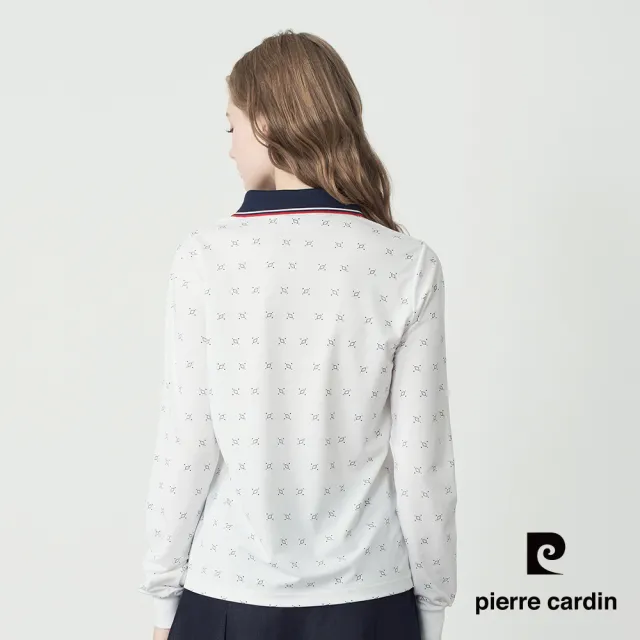 【pierre cardin 皮爾卡登】網路獨家 女款 吸濕排汗印花長袖POLO衫-白色(8255291-90)
