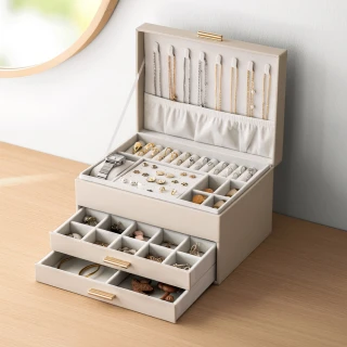 【hoi! 好好生活】懶角落皮質抽屜式首飾盒三層 - 大容量款