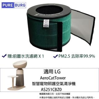 【PUREBURG】適用LG樂金AS251CBZ0 AeroCatTower智慧寵物照護空氣清淨機HEPA濾網濾芯(贈:前置水洗濾網 X 1)