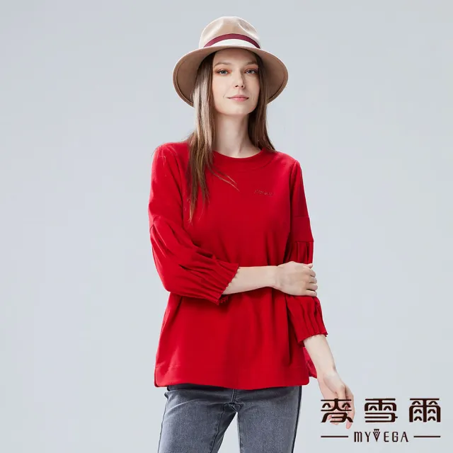 【MYVEGA 麥雪爾】內磨毛logo亮片袖抽褶上衣-紅(復古T/新年紅色開運穿搭)
