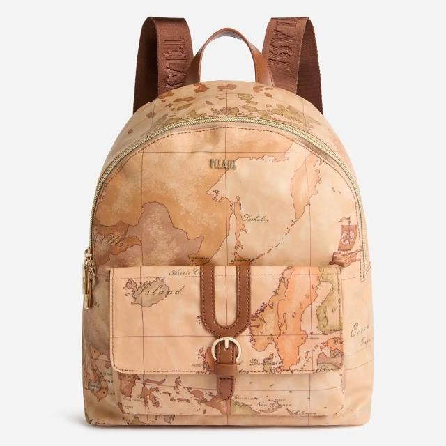 【Alviero Martini】義大利地圖包 超輕量尼龍 前口袋拉鍊後背包31cm-地圖黃x咖啡色(防潑水 收納)