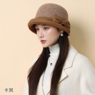 【HaNA 梨花】買一送一贈圍脖 優雅蝴蝶結法式羊毛漁夫帽(小臉顯瘦 復古高級感)
