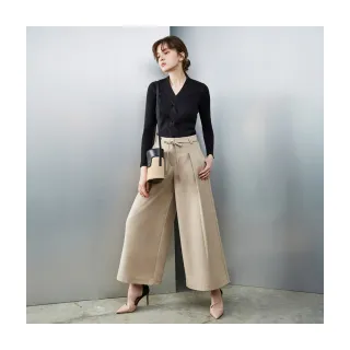 【Le Polka】綁帶打褶寬管長褲-女