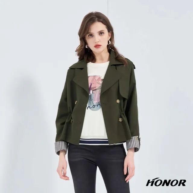 【HONOR 山形屋】出清品 翻領雙排釦剪裁直條翻袖外套-綠(限定出清)