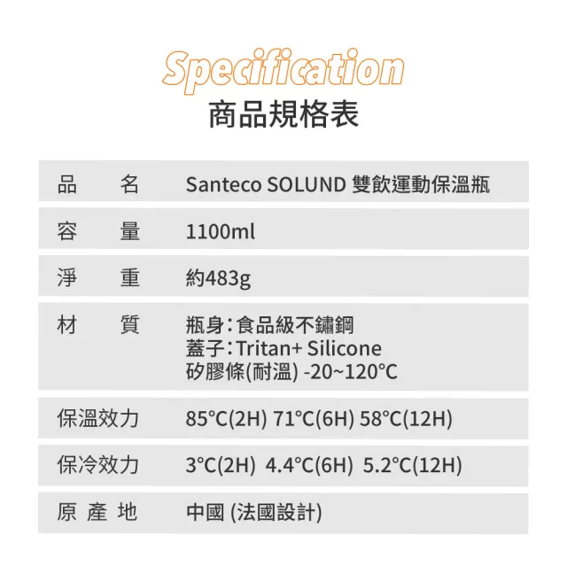 【SANTECO】官方直營 SOLUND 雙飲運動保溫壺 1100ml 4色(漸層美型保溫杯)