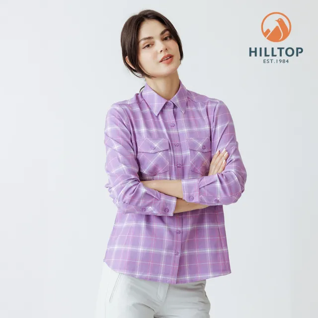 【Hilltop 山頂鳥】吸濕快乾保暖彈性長袖格子襯衫 女款 紫白格｜PC05XF25ECJY