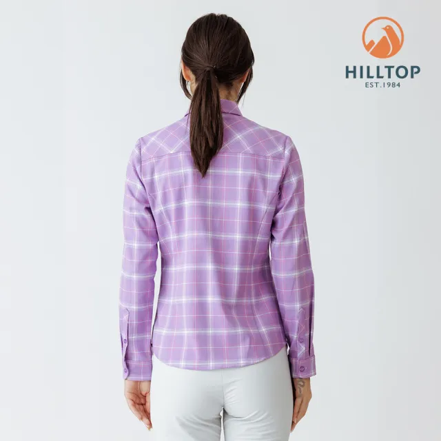 【Hilltop 山頂鳥】吸濕快乾保暖彈性長袖格子襯衫 女款 紫白格｜PC05XF25ECJY