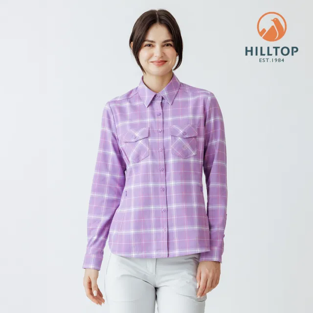【Hilltop 山頂鳥】吸濕快乾保暖彈性長袖格子襯衫 女款 紫白格｜PC05XF25ECJY
