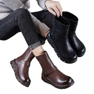 【JP Queen New York】迷人高雅復古真牛皮後拉鍊粗跟中短筒靴(2色可選)