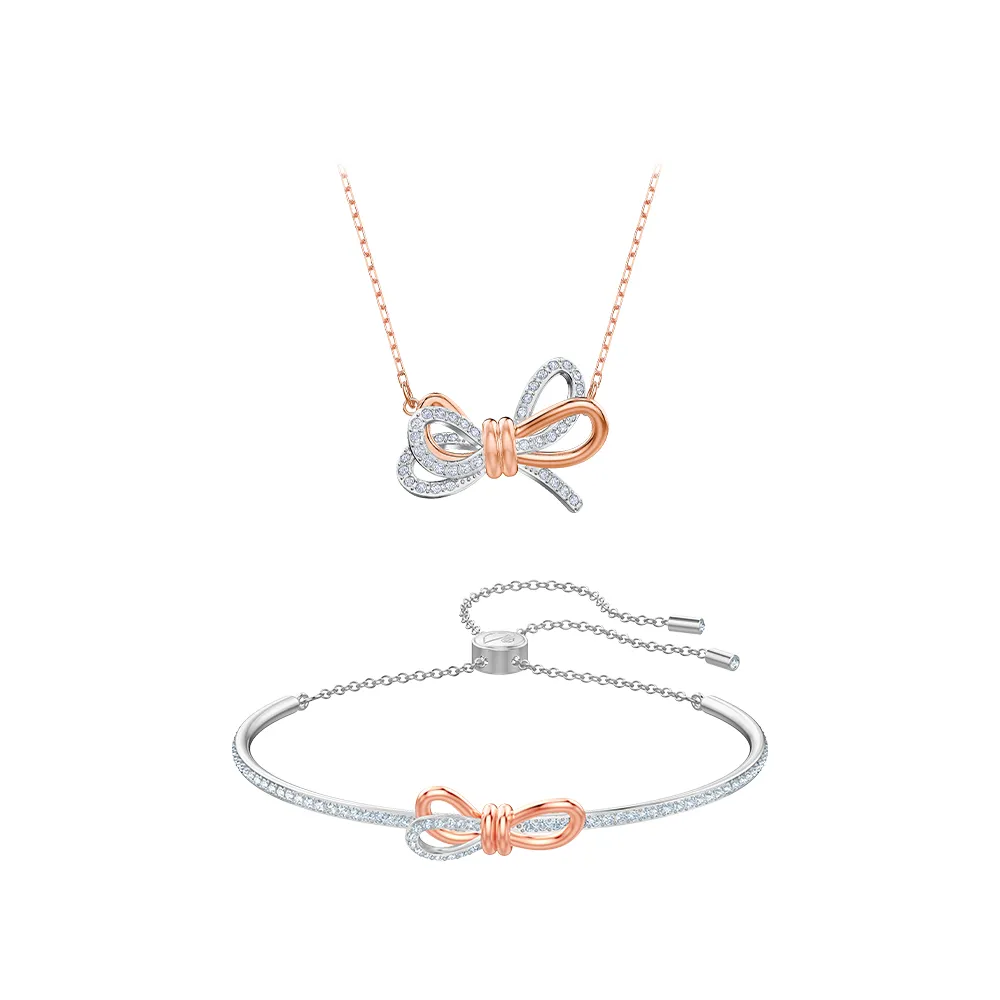 【SWAROVSKI 施華洛世奇】Lifelong Bow 鏈墜/手鐲 蝴蝶結 白色 多種金屬潤飾(2款任選_情人節禮物)