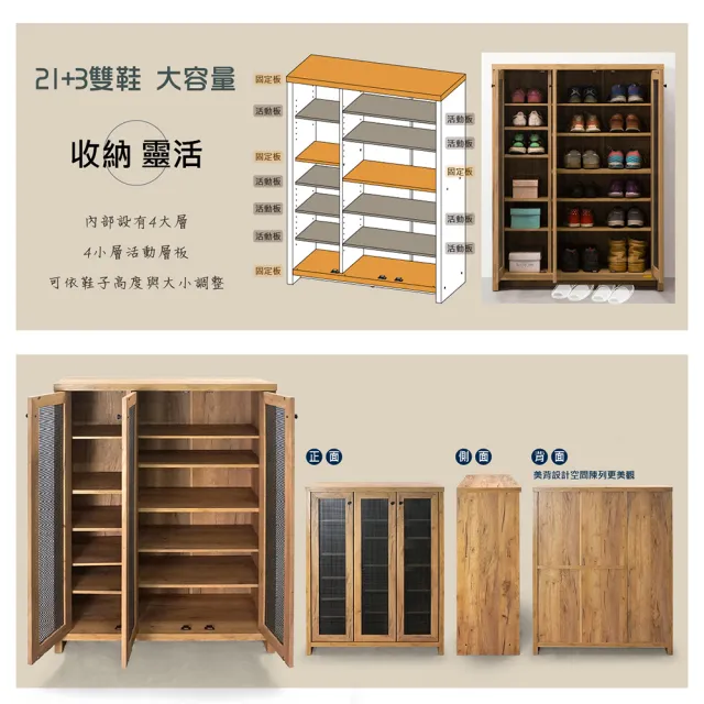 【伊莉詩】透氣三門鞋櫃(黃金橡木/DIY組合商品)