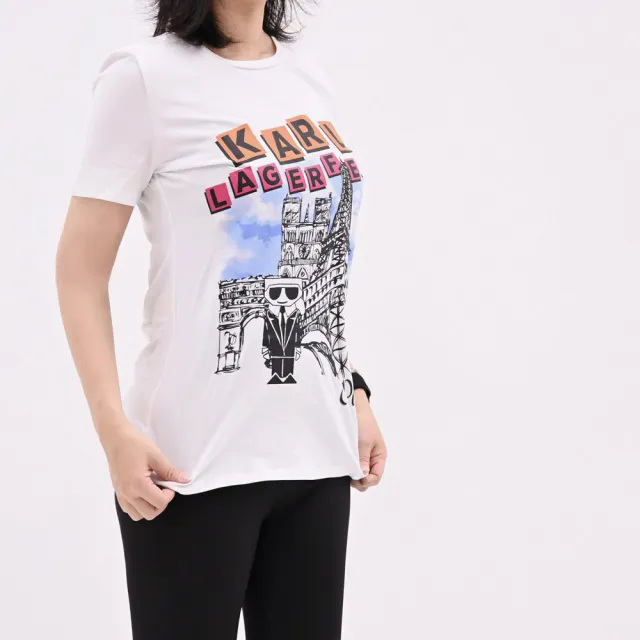 【KARL LAGERFELD 卡爾】老佛爺 巴黎公仔圖案個性棉短T(白)
