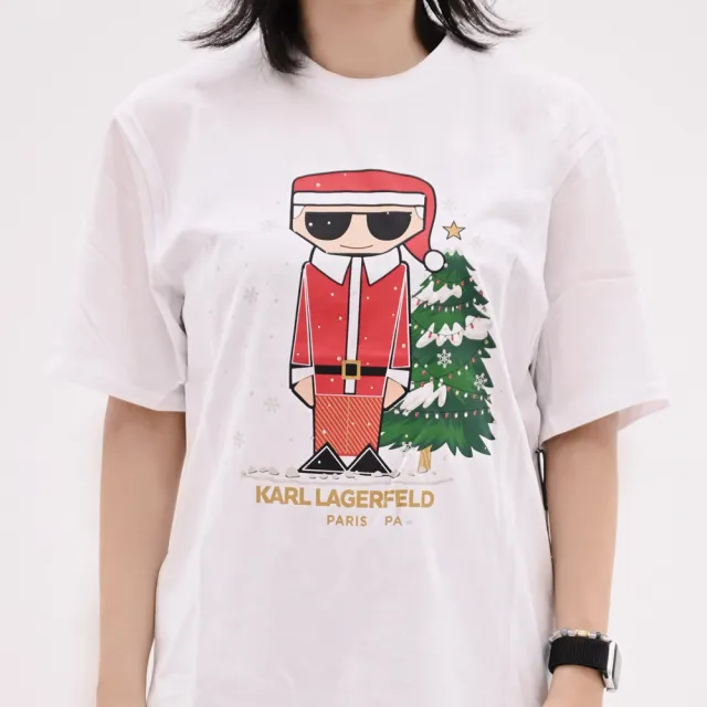 【KARL LAGERFELD 卡爾】限定款老佛爺公仔聖誕圖案棉質短T恤(白)