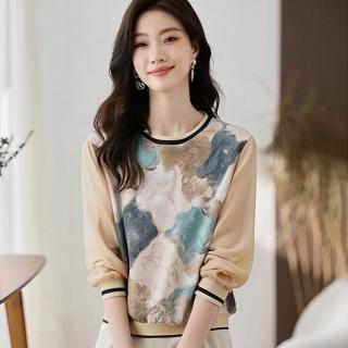 【ONEY 歐妮】★印花優雅拼接設計上衣(女裝/女上衣/休閒/圓領/長袖/日系/復古)
