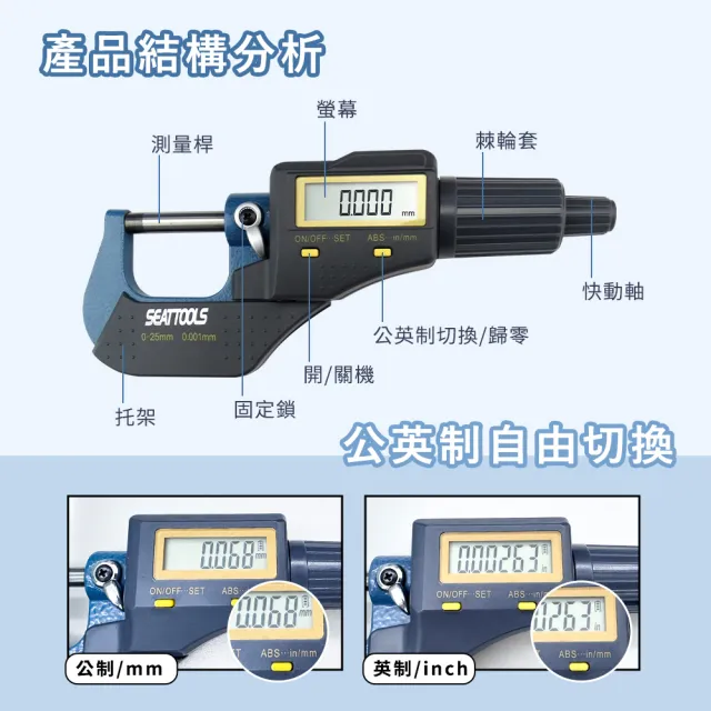數位式 精密型 千分尺外徑測量器 微分滾輪 粗分滾輪 厚度量測規 數位式精密千分尺 MDTG-S