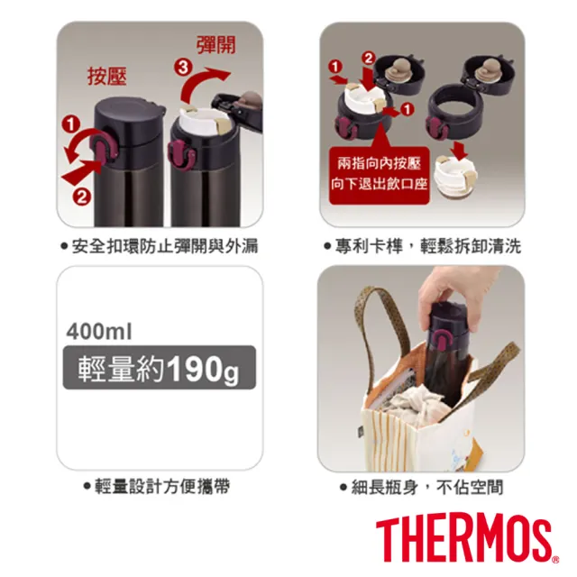 【THERMOS 膳魔師】不鏽鋼超輕量彈蓋真空保溫瓶400ml(JNI-401)