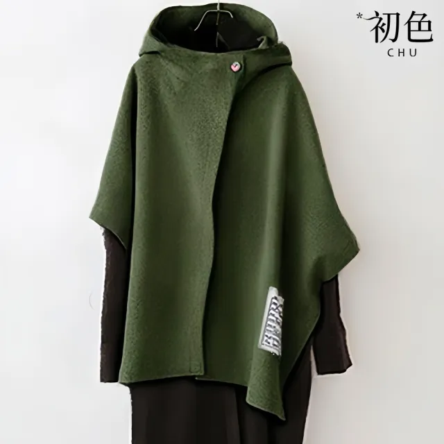 【初色】純色連帽領落肩蝙蝠袖釦子中長款帽T上衣女上衣-共3色-15983(M/L可選)