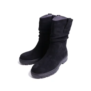 【KOKKO】率性寬筒皺褶麂皮短靴(黑色)