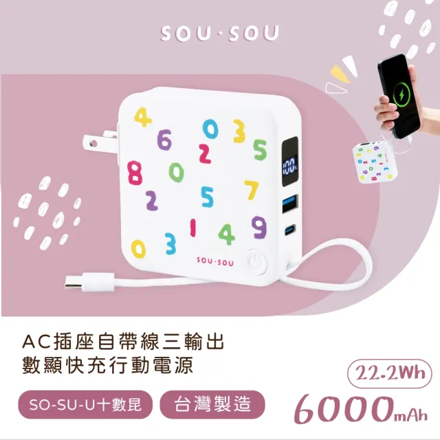 【E-books】SOU．SOU十數昆 MD-BP-077 AC插頭Type C線1C1A3輸出電量數顯行動電源(22.2Wh/6000mAh/台灣製造)