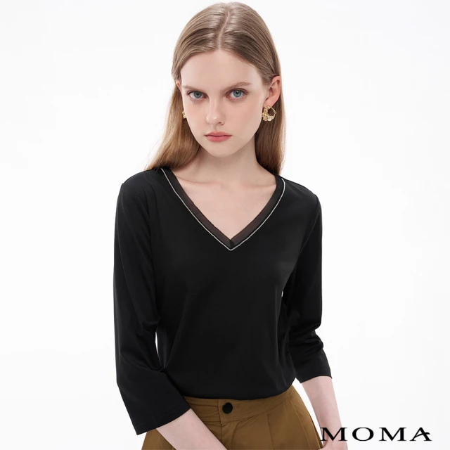 【MOMA】細閃小銀珠珠瘦腰絲光棉V領上衣(兩色)