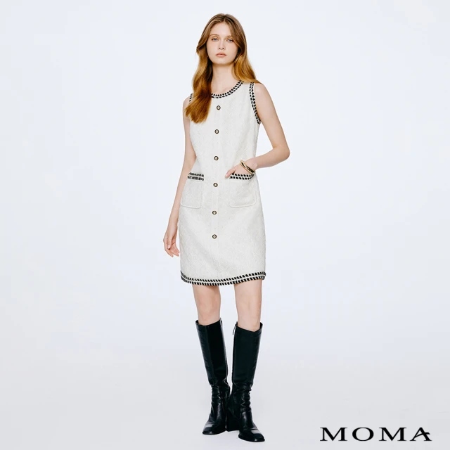 【MOMA】氣質名媛蕾絲小香金蔥編織洋裝(白色)